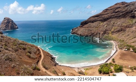 aerial view of the HANE valley in the island of UA HUKA in the Marquesas archipelago in French Polynesia Royalty-Free Stock Photo #2214504747