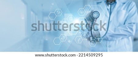 Growth potential for health tech amid demand for health services with more. Medicine doctor with stethoscope touching icon medical networking on modern interface, Medical technology.
