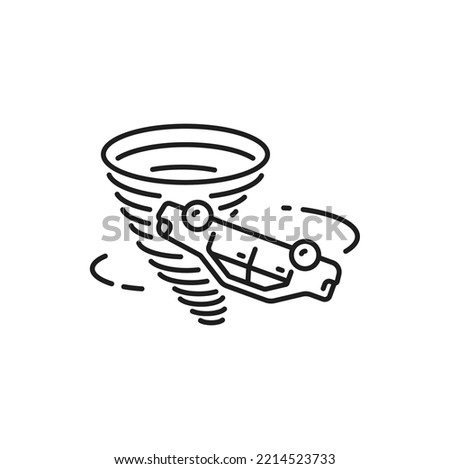 Car damage in natural disaster thin line icon. Car accident or vehicle damage in hurricane, stormy weather or tornado outline vector symbol, pictogram or line icon with car spinning in wind whirlwind