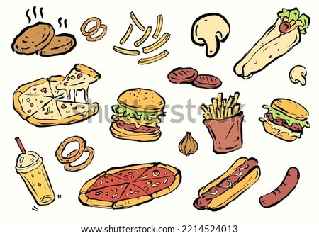set vintage fast food doodle icon with hand drawn 