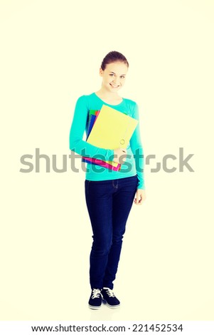 Happy student girl, isolated on white