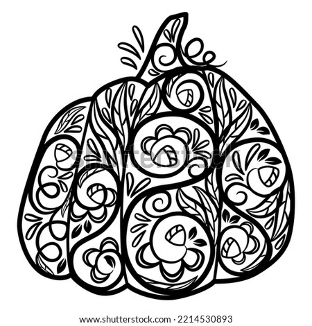 Decorative pumpkin with doodle floral ornament. Thanksgiving holiday decoration, card, poster. Coloring book for children and adults. Helloween symbol. Outline drawing for print and cutting silhouette