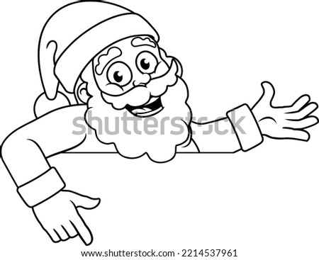 A Christmas cartoon illustration of Santa Claus pointing over a background sign