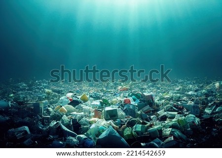Seabed polluted with dangerous garbage illuminated by sun rays Royalty-Free Stock Photo #2214542659