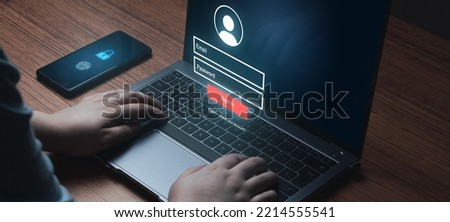 Banner of woman using laptop with VR interface on keyboard. Secure access to user's personal information. Sign in with username and password. Cyber security and data protection.