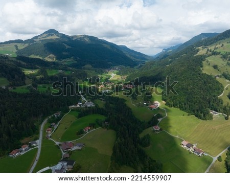 Lech municipality western Austrian state of Vorarlberg, located in Bludenz. Winter sports holiday resort destination in summer. Dutch royal family vacation place. Aerial