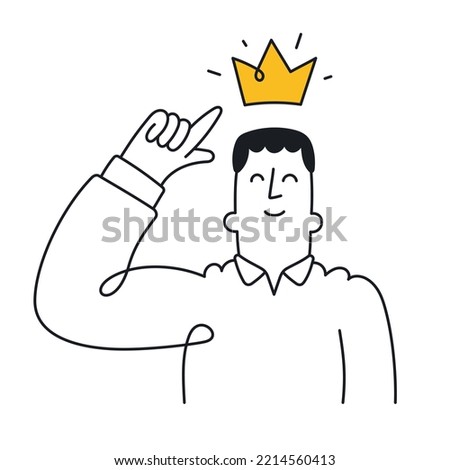 Man points to the crown above his head. Concept of positive self esteem, success, leadership, Outline, linear, thin line, doodle art. Simple style with editable stroke.