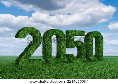 Numbers 2050 from grass. A symbol of sustainable development and full transition to renewable energy by 2050 year.