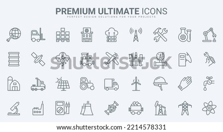 Industry thin line icons set vector illustration. Outline factory buildings and worker, gas and oil, energy and power production and resources, robot equipment and pipeline of manufacturing enterprise Royalty-Free Stock Photo #2214578331
