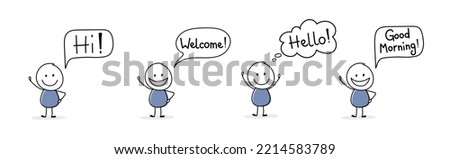 Happy stickman with greeting - welcome, hello, hi, good morning. Vector