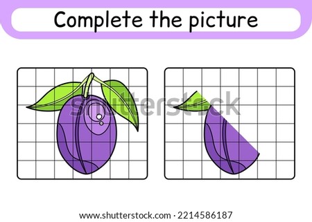 Complete the picture plum. Copy the picture and color. Finish the image. Coloring book. Educational drawing exercise game for children. Vector illustration