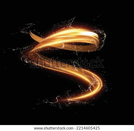 Golden shiny energy spiral twist line effect with magic dust particles effect flying around. Light in motion drawing Vector eps background.