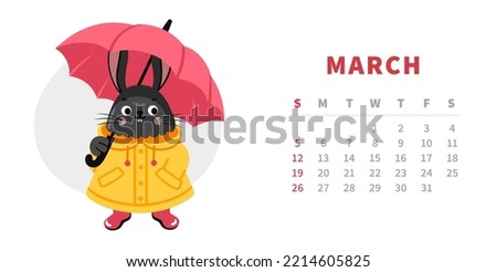 Calendar horizontal template for march 2023. Year of chinese black water rabbit. Cute cartoon bunny with umbrella. Vector illustration.