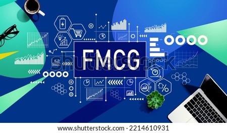 FMCG - Fast Moving Consumer Goods theme with a laptop computer on a blue and green pattern background