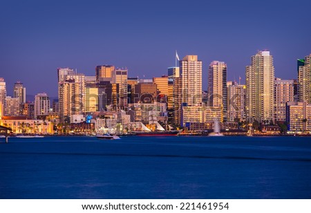 Colorful San Diego Skyline and Waterfront at Night. San Diego, California, United States.
