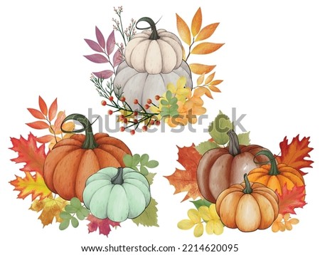 Watercolor pumpkin composition, leaves pumpkin,  Painted color clip art, autumn design elements. Fall season. Perfect graphic for Thanksgiving day, Halloween, greeting cards, posters, birthday