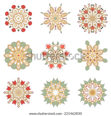 Vector set of nine floral circular design elements isolated on white background for your design . Delicate pattern. Physalis, leaves and twisted branches.