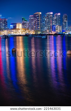 Colorful San Diego Night in Vertical Photography. San Diego Skyline and the Bay with Colorful Water Reflection. San Diego, CA, USA.