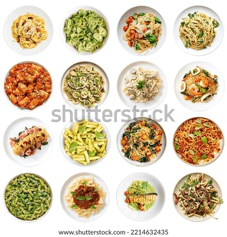 Collection of italian pasta with various ingredients isolated on white background. Top view colorful food cutouts