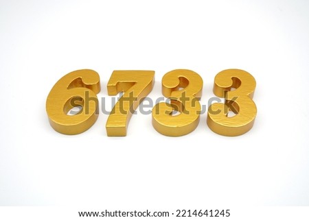    Number 6733 is made of gold-painted teak, 1 centimeter thick, placed on a white background to visualize it in 3D.                              