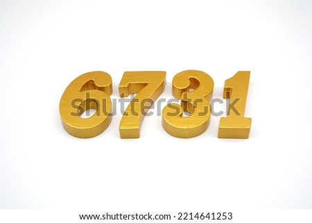   Number 6731 is made of gold-painted teak, 1 centimeter thick, placed on a white background to visualize it in 3D.                               