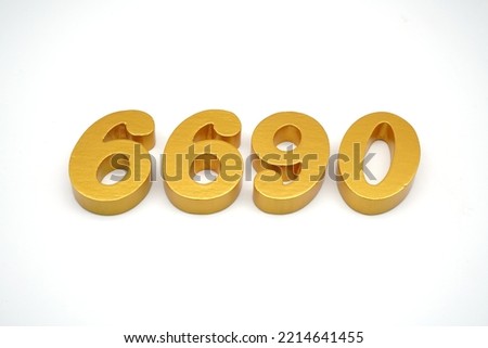  Number 6690 is made of gold-painted teak, 1 centimeter thick, placed on a white background to visualize it in 3D.                                