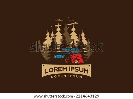 Camping beside the car in the forest illustration design