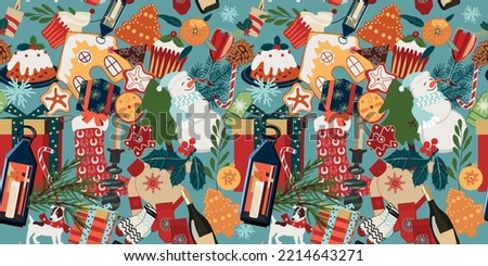 seamless christmas pattern with gingerbread, snowman and gift boxes. Vector design for paper, fabric and other surface