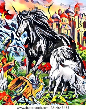 Beautiful illustration of Black and white Unicorn painting art.
