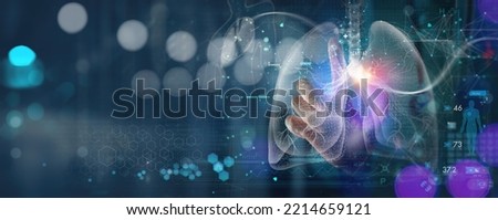 Medical technology diagnostics concept.Medicine doctor and stethoscope working with Human lungs with Ai medical technology on virtual screen for treatment. Royalty-Free Stock Photo #2214659121