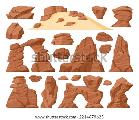 Cartoon sand desert rock, stone canyon landscape elements. Western desert rocks view, nature brown cracked mountain pieces flat vector symbols set. Canyon rock collection Royalty-Free Stock Photo #2214679625