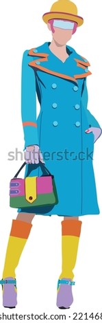 funky fashion for young women holding trendy handbags in the style of a model. Outfit girl with high saturation color