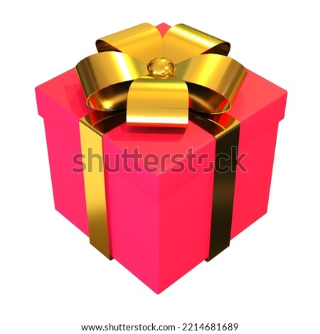 Red gift box with golden ribbon and bow isolated object on white background 3d render illustration. Birthday or anniversary holiday present. Promo clipart. Greetings card design element.Gift shop icon