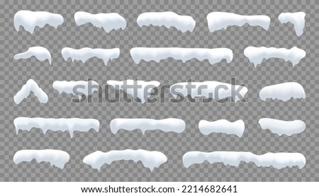 Realistic snow caps set. White snow caps, snowball, snowdrifts and snow piles. Snowy elements on winter background. Winter elements decorations. Christmas elements. Vector illustration. Royalty-Free Stock Photo #2214682641