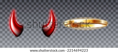 Angel rings and devil horns. Saint golden glowing circle halo and red demon horns evil symbol. Design for halloween costume. Vector illustration on transparent background Royalty-Free Stock Photo #2214694223