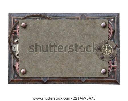 Metallic rectangular frame with vintage metal details and retro rivets. Isolated on white background. Mock up template. Copy space for text. Can be used for steampunk and mechanical design Royalty-Free Stock Photo #2214695475