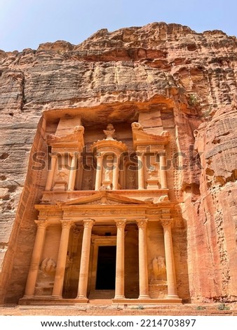 Treasury, the famous monument in Petra, a city of the Nabatean Kingdom inhabited by the Arabs in ancient times. It is also known as Al-Khazneh, with the same meaning. Royalty-Free Stock Photo #2214703897