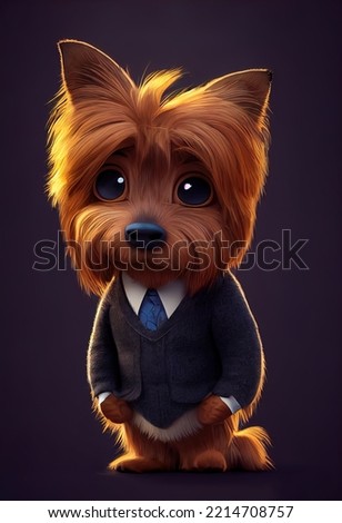 Proud yorkshire terrier dog in business class suit and tie. Dapper, elegant anthropomorphic animal portrait with human body. Cartoon animation character, anime style, 3d illustration.