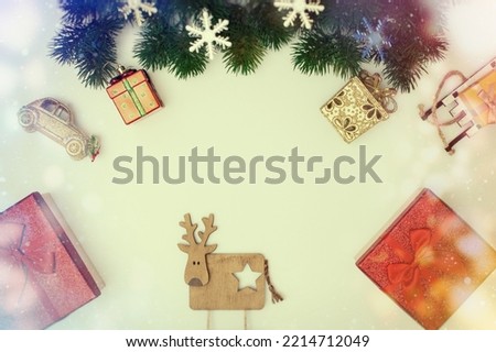 Gift red boxes decorations on white background. Christmas, winter, new year concept. Flat lay, top view, copy space . Christmas Evergreen Branches