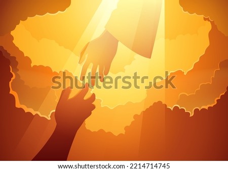 Biblical silhouette illustration series, God hand in the open sky with human hand trying to reach Him, hope, help, God mercy concept Royalty-Free Stock Photo #2214714745