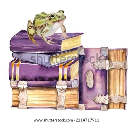 Beautiful book stack with a frog  design.Watercolor hand painted books illustration. Wizard concept.Halloween themed design. Fantasy artwork.