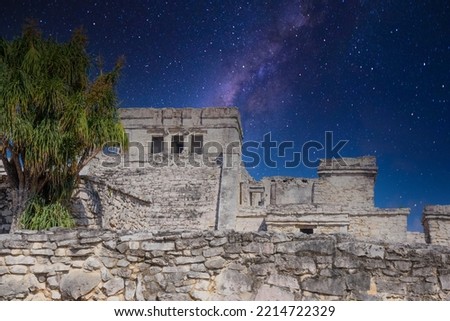 The castle, Mayan Ruins in Tulum, Riviera Maya, Yucatan, Caribbean Sea Mexico with Milky Way Galaxy stars night sky.