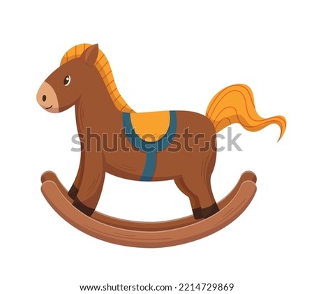 Wooden Rocking Horse Vintage Toy Isolated on White Background. Old Retro Plaything for Kids Games, Traditional Pony for Baby Fun and Recreation. Cartoon Vector Illustration, Icon, Clip Art