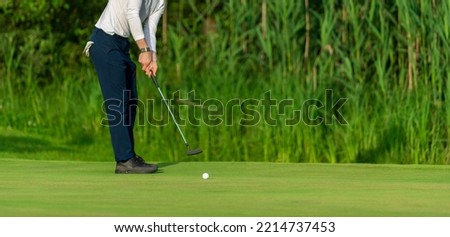Professional golf player in action. Horizontal sport and golf club, course theme poster, greeting cards, headers, website and app