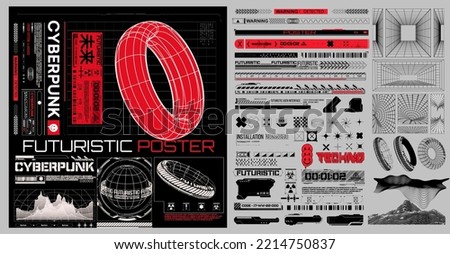 Big cyberpunk collection of retro futuristic elements for design.  Retro futuristic graphic pack. Universal geometric shapes. Isolated on gray background. Translation: "Future , Digital, Futurism" Royalty-Free Stock Photo #2214750837