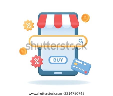 3d Shopping concept. Sale, discounts, Online store app for mobile phone. E-commerce Realistic vector illustration.