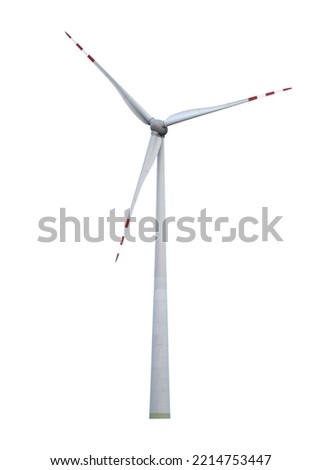 Front and angle view of the wind turbine. Alternative renewable energy generation, green energy concept. realistic windmill with white blades isolated on transparent background
 Royalty-Free Stock Photo #2214753447