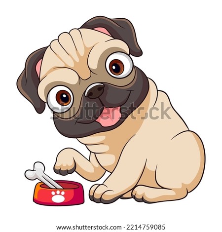 Cute cartoon pug dog eating bone isolated on white background