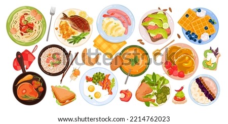 Tasty food set vector illustration. Cartoon isolated cereal breakfast with fruit in bowl, avocado and salmon morning toast, fried bacon and eggs, fish and meat with vegetables in pan top view
