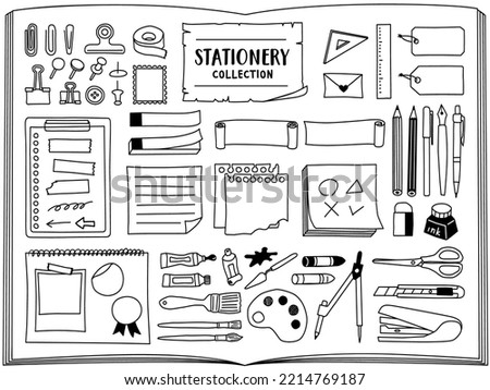 Stationery, tools and paper collection. Hand drawn vector line art.